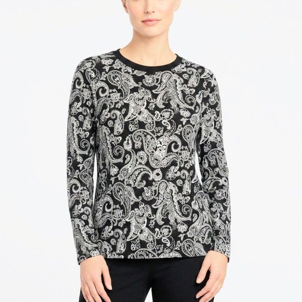 Rafaella Long Sleeves Shirt Black/White Paisley Knit Top Blouse Women Small NWT